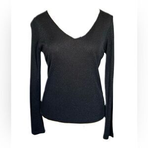 Dana Buchman Simple Elegant V-Neck Black Long Sleeve Lurex Sweater Size P